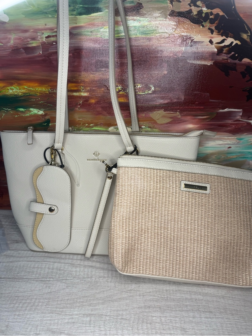 NWT Nanette Lepore Joyce 3 Piece Tote Set Eggshell/Natural